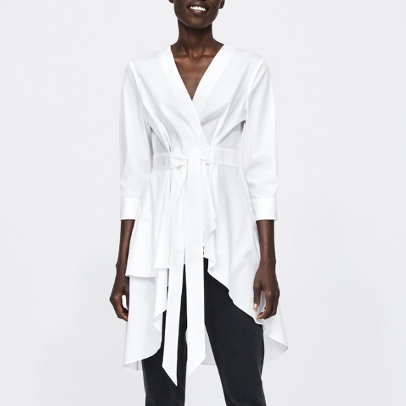 Zara Tops - Zara white asymmetric tunic with bow